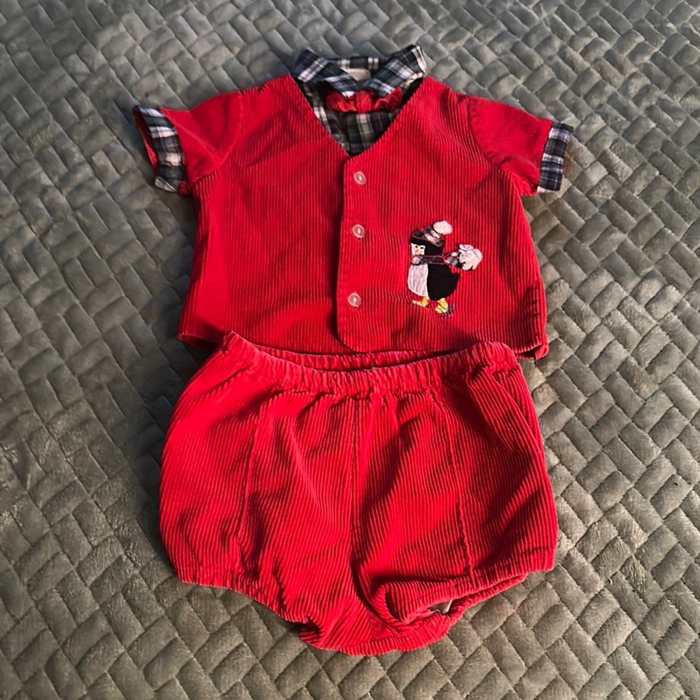 Vintage 12m 2 piece corduroy Red & plaid Baby boy Outfit with Penguin Design